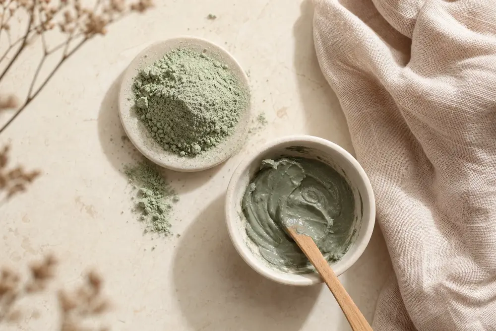Masque d'argile verte en poudre et en pâte dans un bol en céramique, sur un plan de travail clair