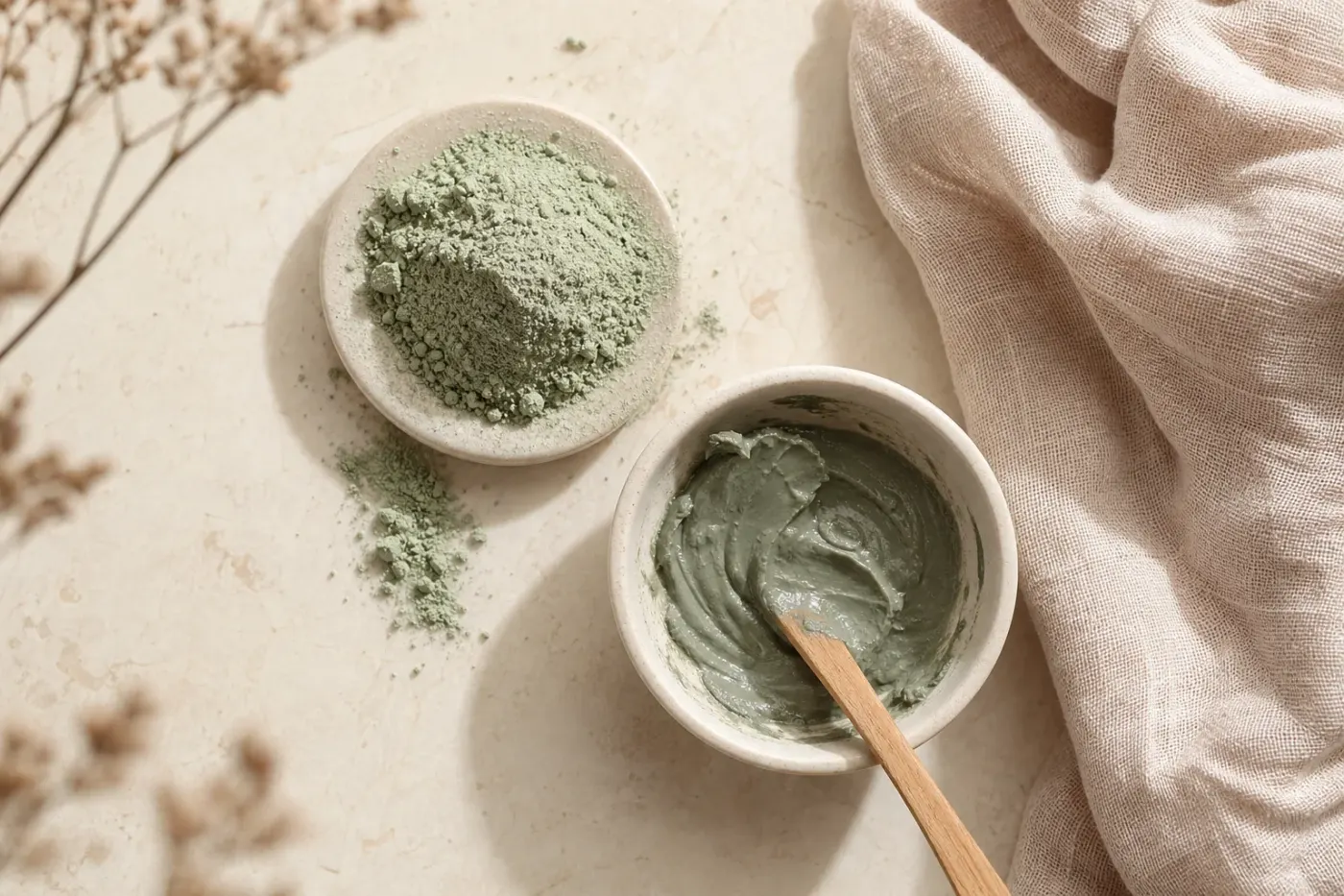 Masque d'argile verte en poudre et en pâte dans un bol en céramique, sur un plan de travail clair