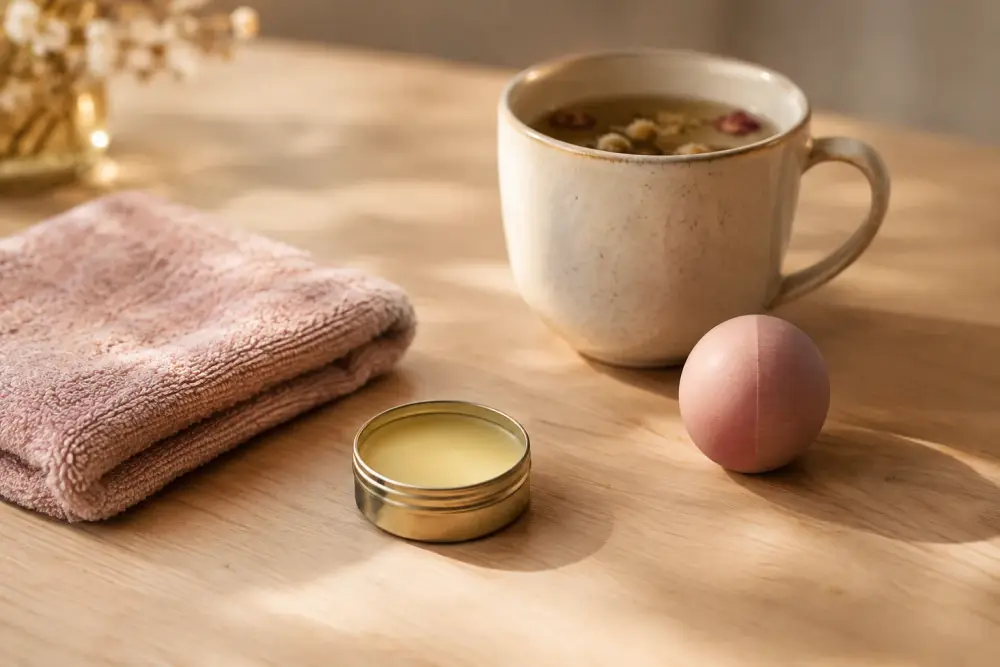 Baume à lèvres en pot ouvert, gant de toilette plié et tasse de tisane sur une table claire