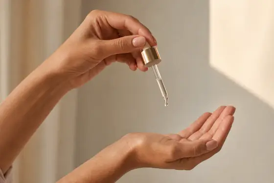 Main tenant une pipette au-dessus de la paume opposée, une goutte de sérum transparent au bout du verre