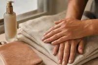 Mains et poignets au hâle doré posés sur une serviette en lin, flacon sans étiquette à côté