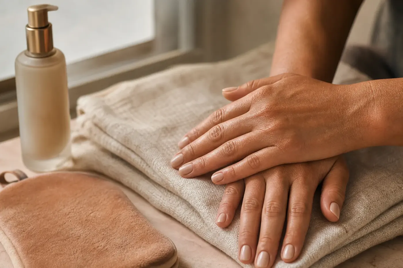 Mains et poignets au hâle doré posés sur une serviette en lin, flacon sans étiquette à côté