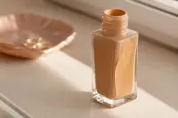 Flacon de fond de teint posé près d'une fenêtre, lumière naturelle du matin