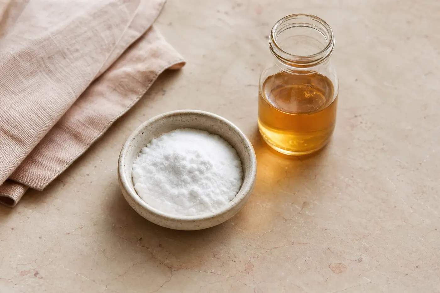 Bicarbonate de soude en poudre et vinaigre de cidre dans deux bols posés côte à côte sur un plan clair