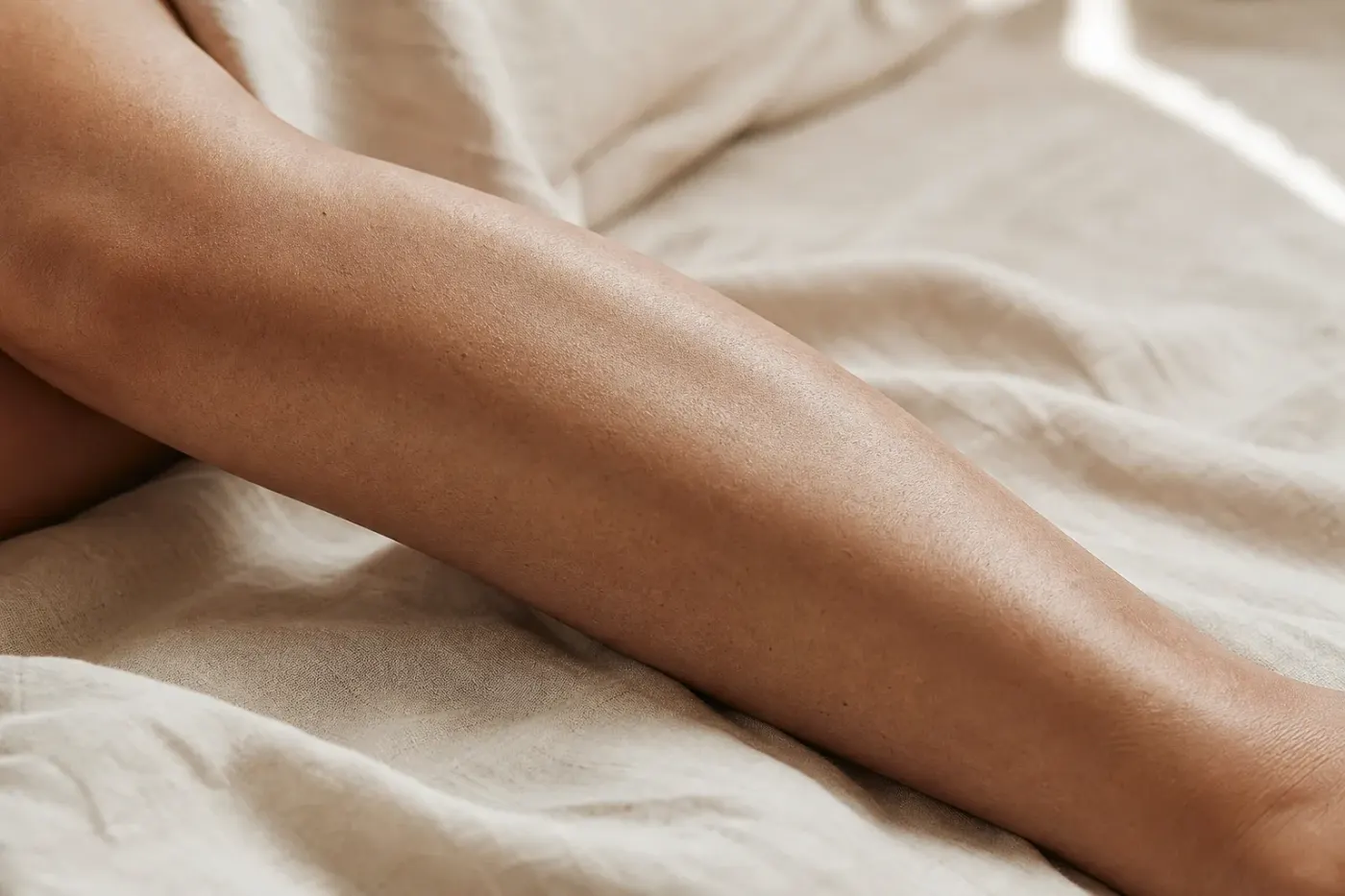 Jambe posée sur un tissu clair, texture de peau naturelle, lumière douce