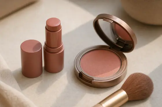 Stick de blush crème posé près d'un blush poudre, lumière naturelle douce