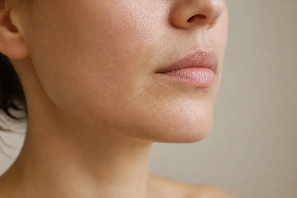 Peau de la joue en gros plan, texture naturelle, lumière douce sans maquillage