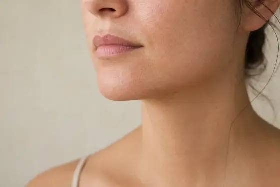 Bas du visage et menton en gros plan, peau nette texture naturelle, lumière douce
