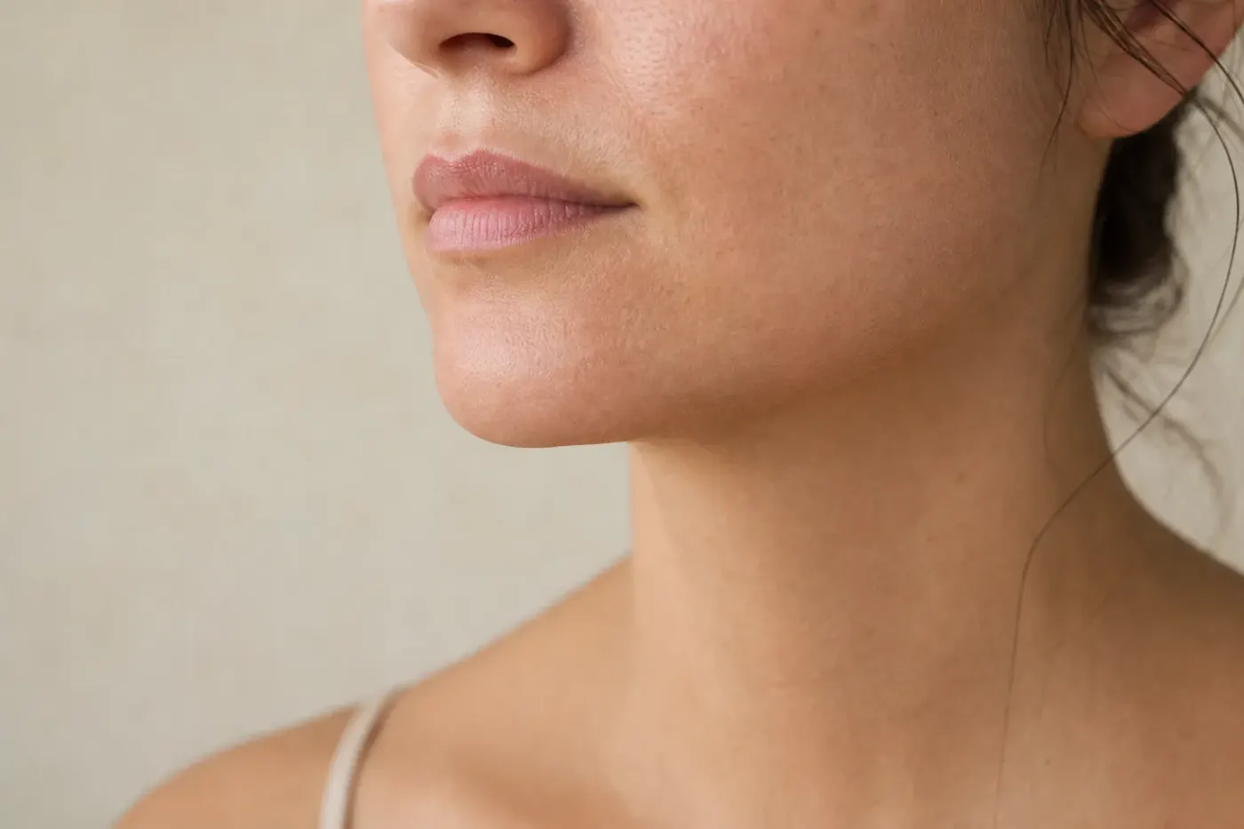 Bas du visage et menton en gros plan, peau nette texture naturelle, lumière douce