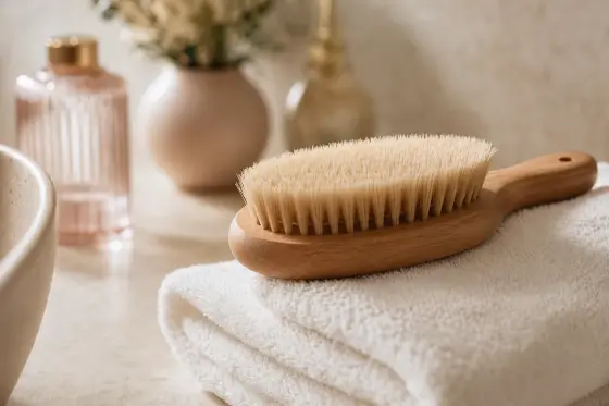 Brosse en fibres naturelles posée sur une serviette claire, lumière du matin