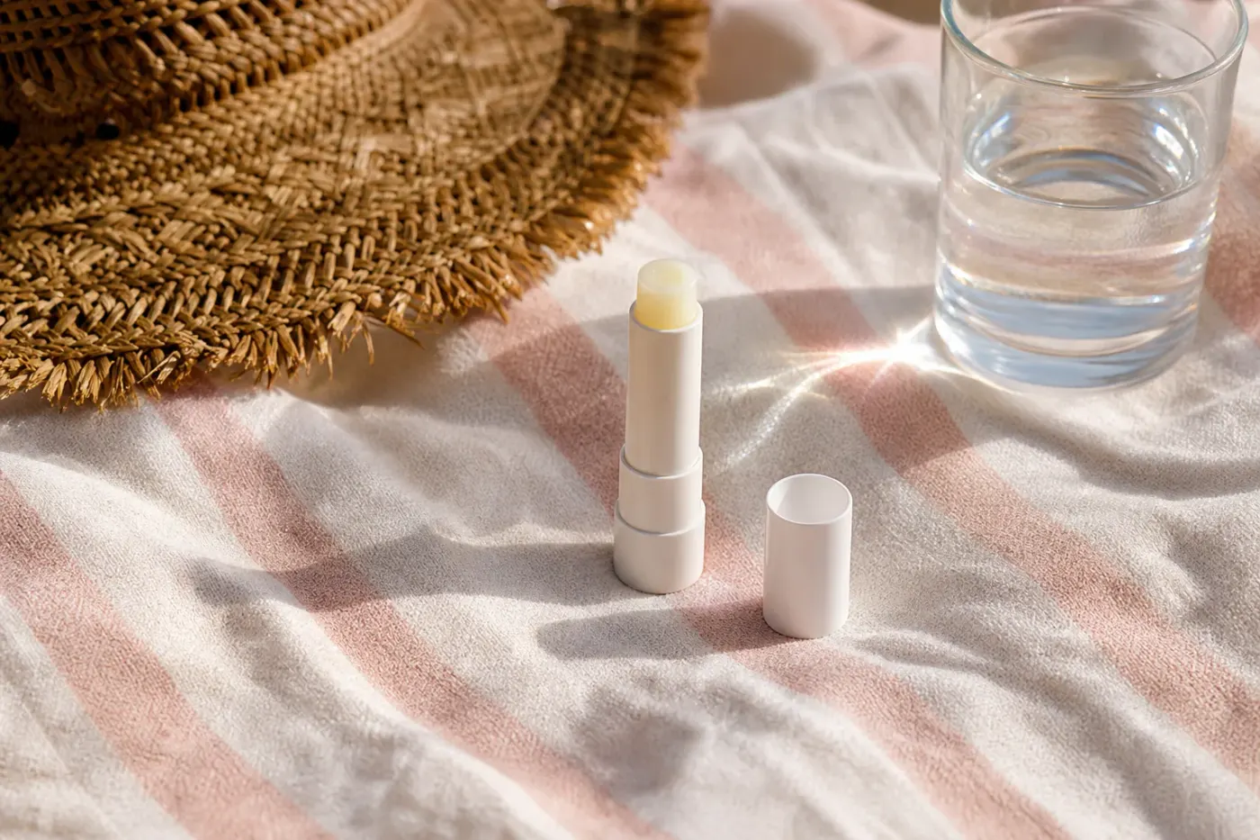 Stick à lèvres solaire sans étiquette et chapeau de paille posés sur une serviette de plage