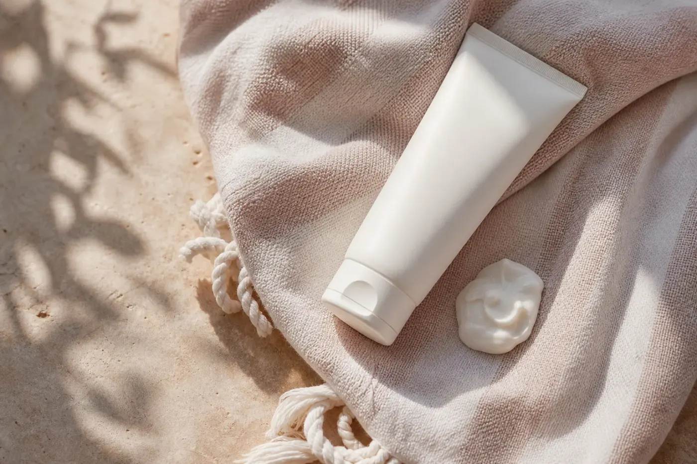 Tube de crème solaire posé sur une serviette claire, lumière naturelle d'été