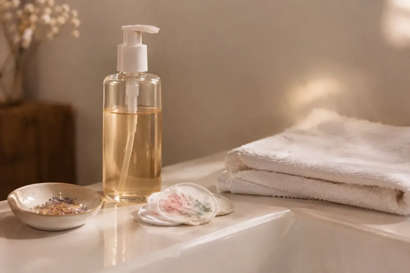 Huile démaquillante, disques de coton teintés de rouge et serviette blanche sur un lavabo