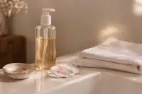 Huile démaquillante, disques de coton teintés de rouge et serviette blanche sur un lavabo