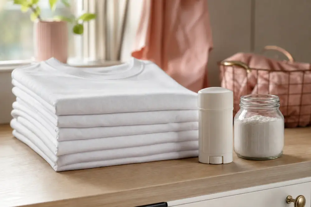 T-shirts blancs pliés sur un plan de travail clair à côté d’un stick déodorant sans étiquette