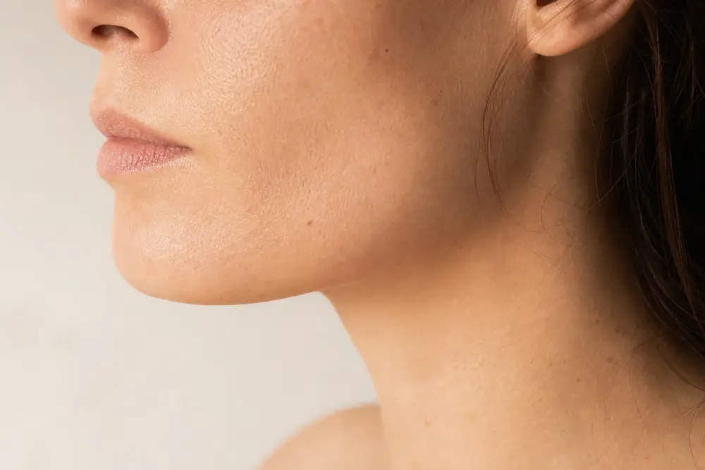 Profil d'un visage à la peau lisse et nette, lumière naturelle douce, expression sereine