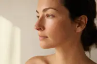 Visage de profil au repos, peau nette sans maquillage, lumière douce de fin de journée