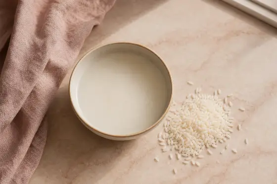 Bol en céramique rempli d’eau de riz trouble à côté de grains de riz sur une surface claire