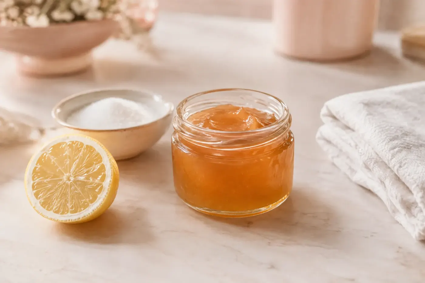 Bocal de pâte de sucre ambrée, citron coupé et serviette pliée sur un plan de travail clair