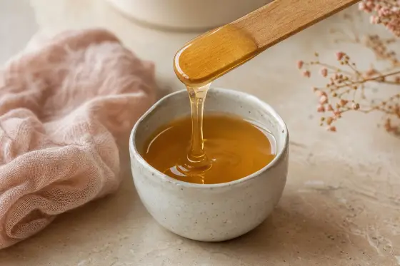Pot de cire tiède et spatule en bois soulevant un ruban de cire ambrée sur un plan de pierre claire