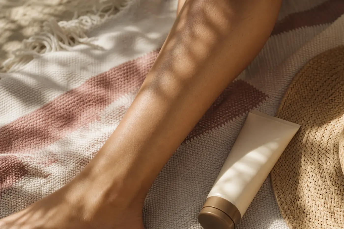 Jambe fraîchement épilée posée à l’ombre près d’une serviette blanche, loin de la lumière directe