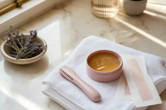 Nécessaire d’épilation posé sur une serviette pliée près d’une salle de bain lumineuse