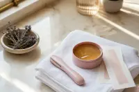 Nécessaire d’épilation posé sur une serviette pliée près d’une salle de bain lumineuse