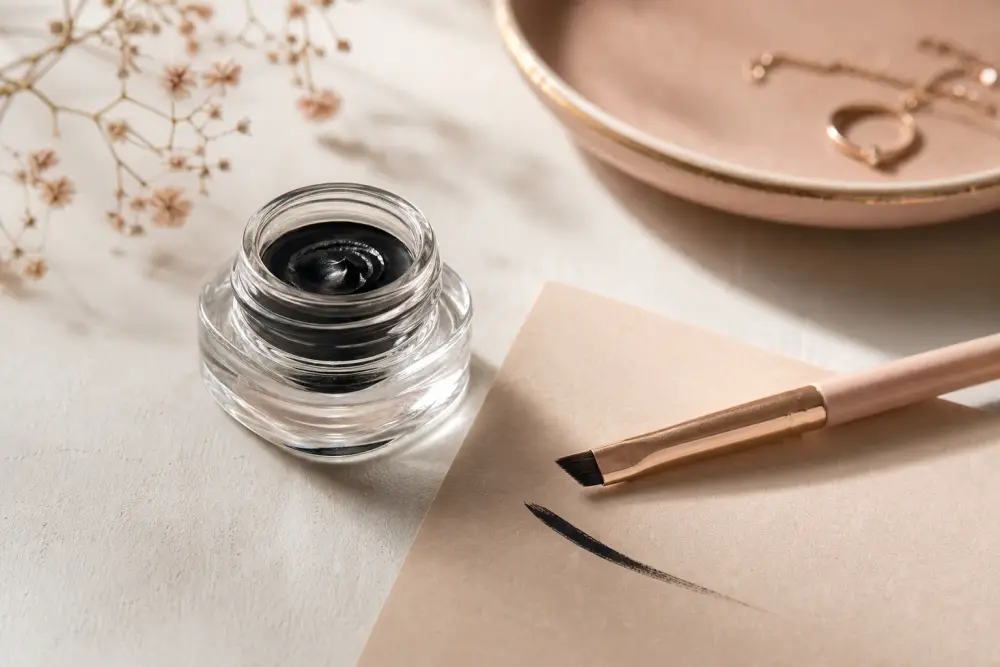 Petit pot d'eyeliner gel ouvert avec un pinceau fin posé à côté, lumière douce