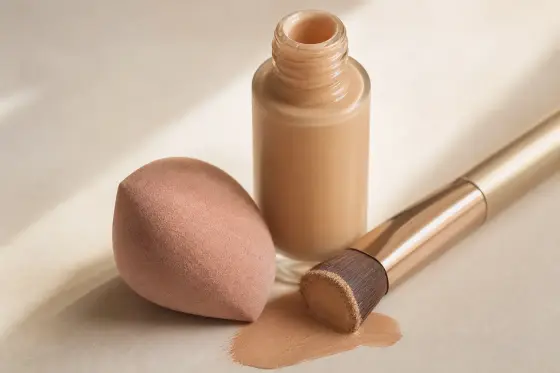 Pinceau de maquillage posé près d'un flacon de fond de teint, lumière naturelle douce