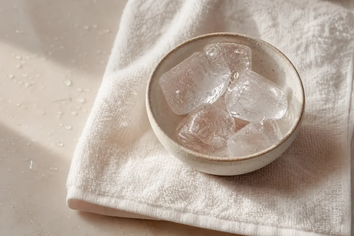 Glaçons dans un bol en céramique posé sur une serviette blanche, lumière naturelle