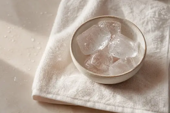 Glaçons dans un bol en céramique posé sur une serviette blanche, lumière naturelle