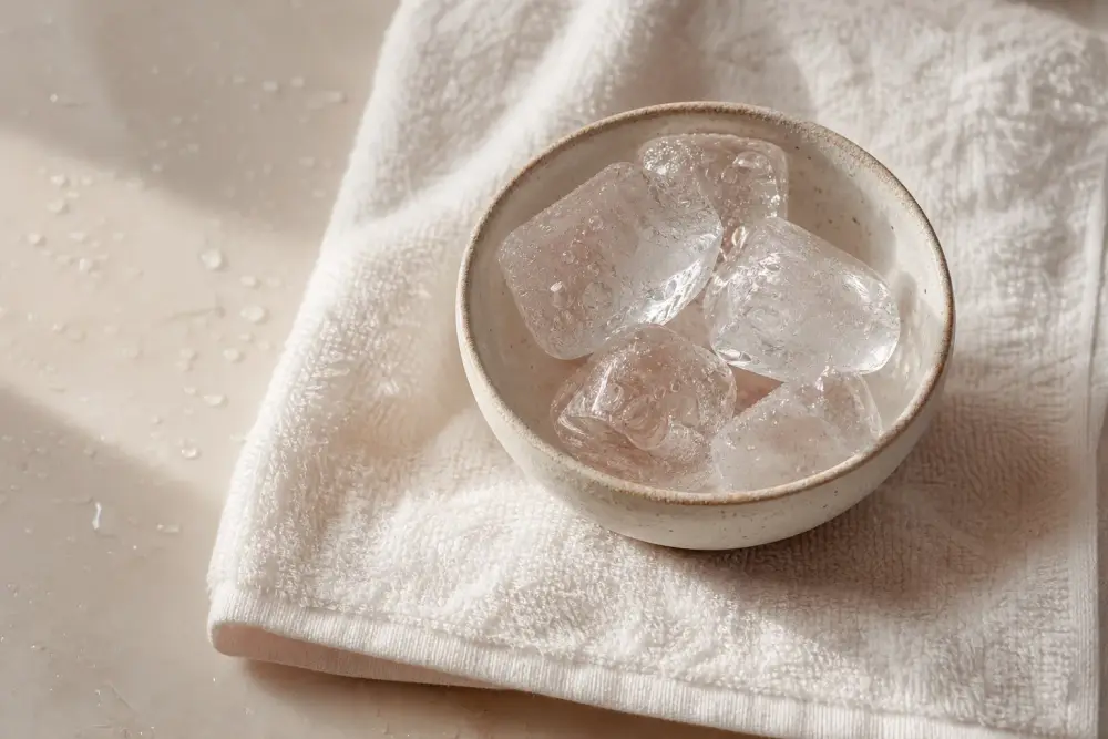 Glaçons dans un bol en céramique posé sur une serviette blanche, lumière naturelle