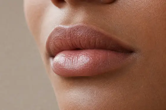 Lèvres brillantes avec un gloss transparent, texture naturelle, lumière douce