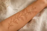 Motif de tatouage temporaire brun sur un avant-bras, lumière naturelle douce