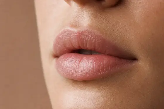 Gros plan sur des lèvres nues au contour naturel, lumière douce, peau non retouchée