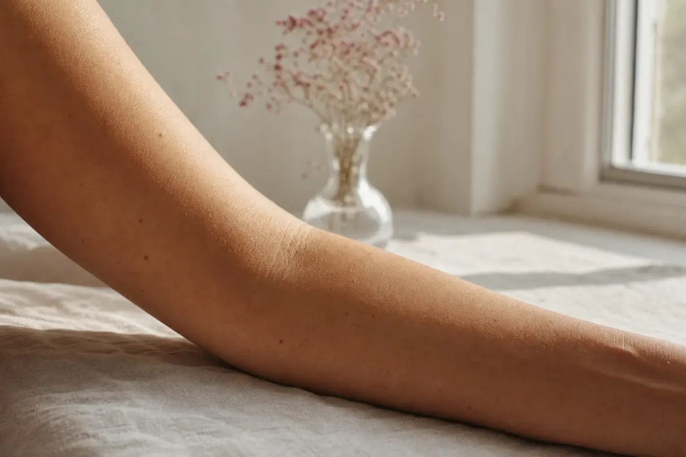 Avant-bras au soleil du matin, peau nue posée sur un tissu clair, lumière estivale douce