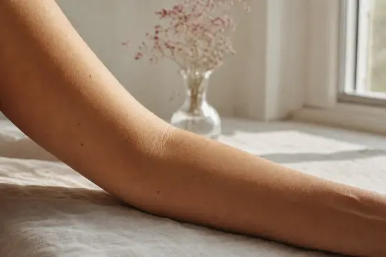 Avant-bras au soleil du matin, peau nue posée sur un tissu clair, lumière estivale douce