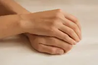 Mains posées l’une contre l’autre, texture naturelle de la peau, lumière douce
