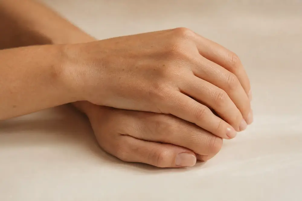 Mains posées l’une contre l’autre, texture naturelle de la peau, lumière douce