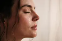 Visage de profil avec un maquillage soigné, expression sereine, lumière naturelle douce