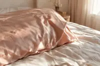 Taie d’oreiller en satin rose poudré froissée sur un lit défait baigné de lumière matinale