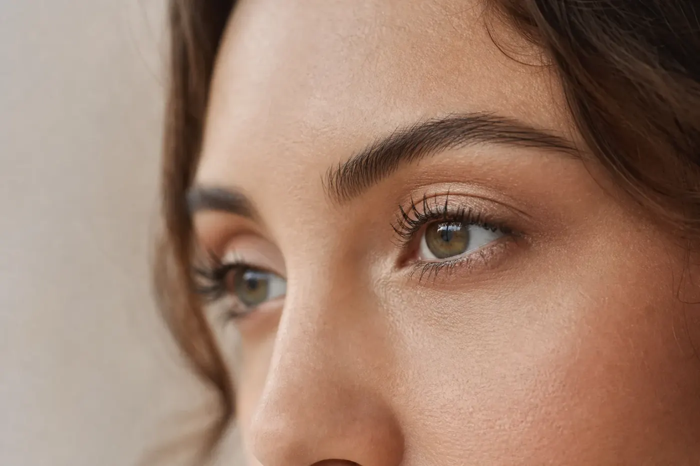 Œil maquillé avec un mascara net, cils allongés, lumière naturelle douce