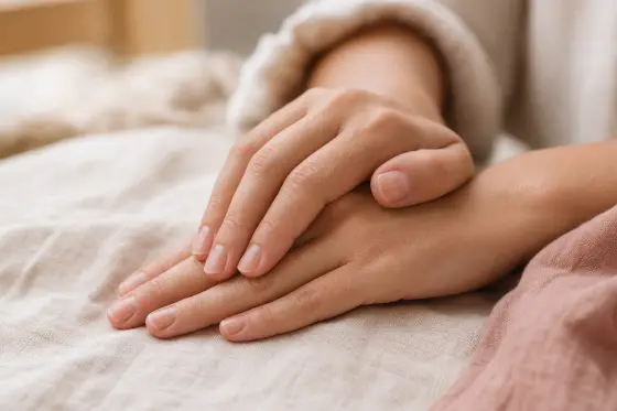 Mains d’une femme adulte posées sur un tissu clair, ongles courts et naturels, en lumière du jour