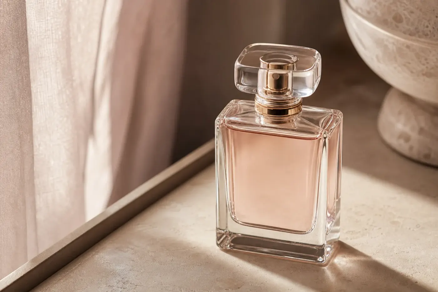 Flacon de parfum posé sur une surface claire, lumière douce, composition sobre