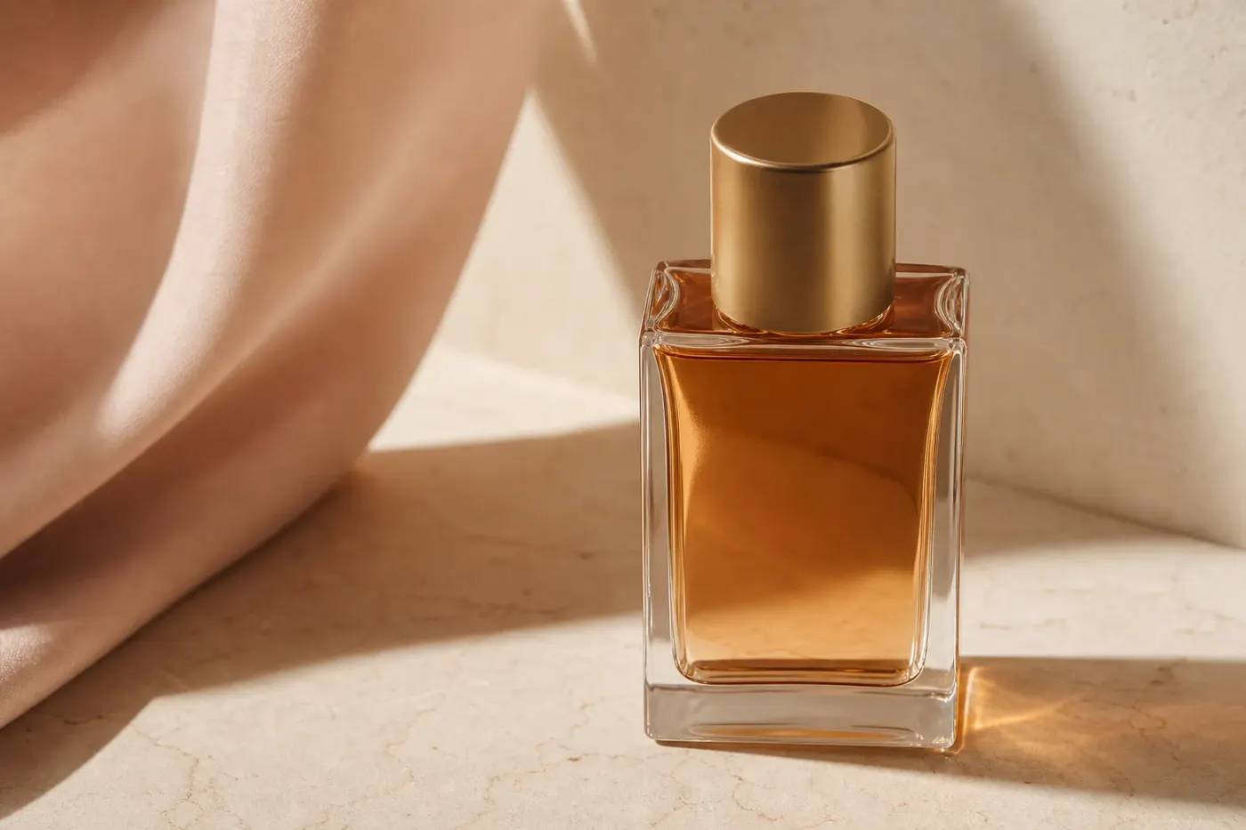 Flacon de parfum ambré posé sur une surface claire, lumière naturelle douce