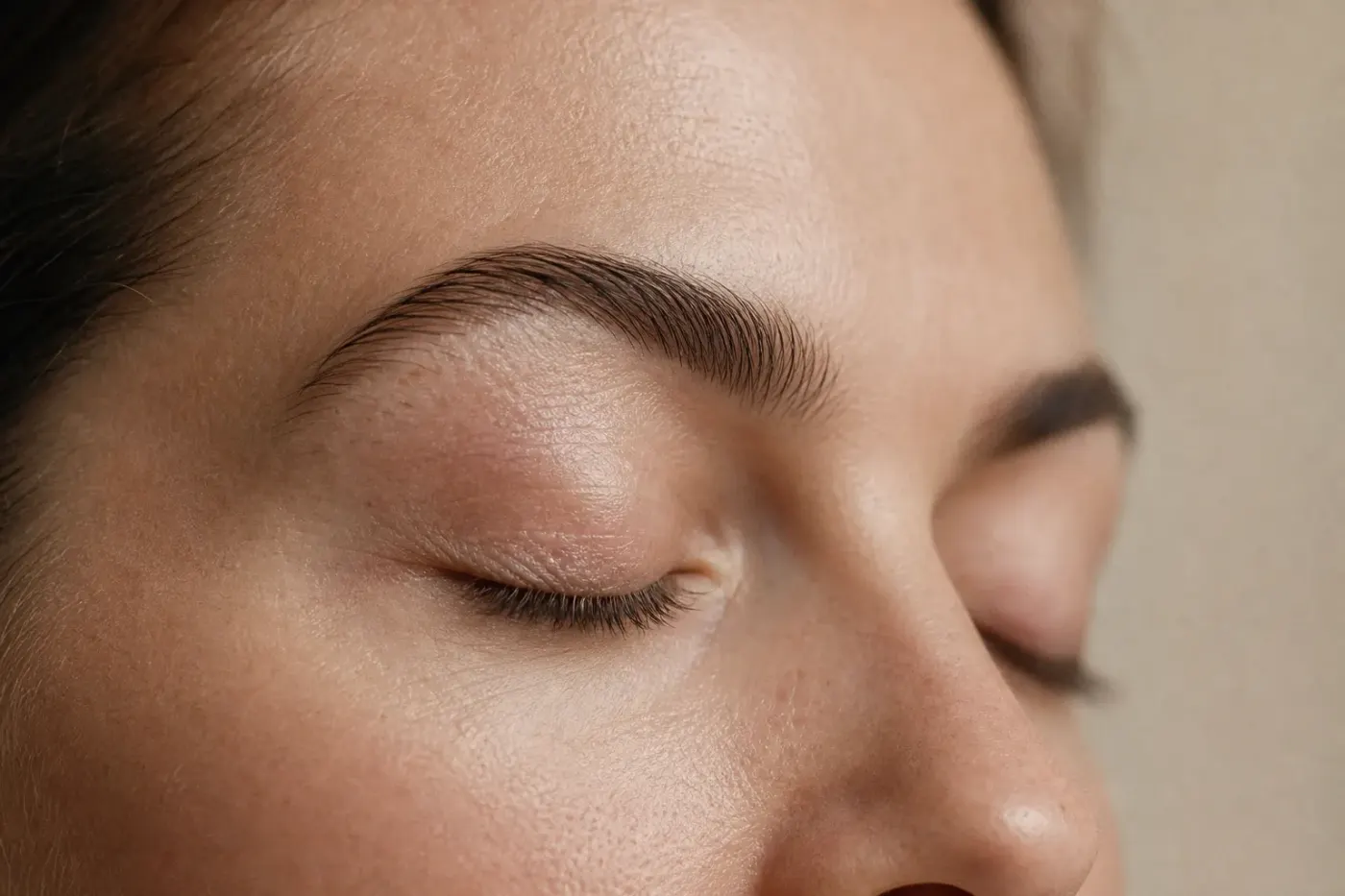 Portrait rapproché d'un regard adulte au naturel, lumière douce, sans maquillage sur la paupière