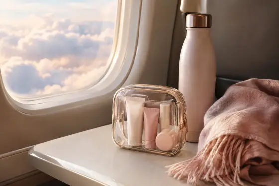 Hublot d’avion lumineux, petite trousse transparente de soins et bouteille d’eau sur une tablette