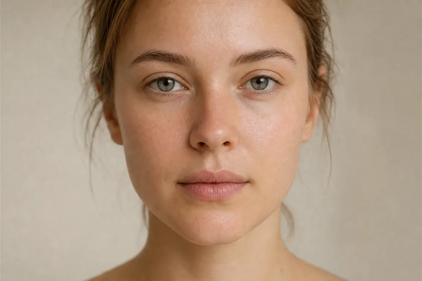 Visage de face avec une peau nette, lumière naturelle douce des deux côtés