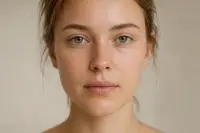 Visage de face avec une peau nette, lumière naturelle douce des deux côtés
