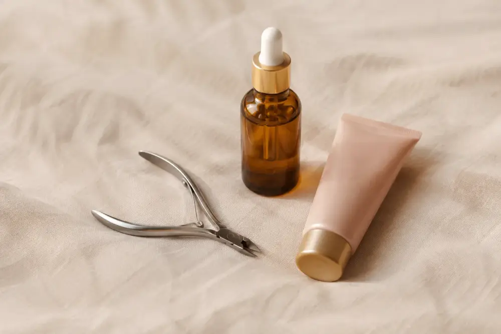 Pince à cuticules, flacon d’huile et crème pour les mains posés sur un linge clair